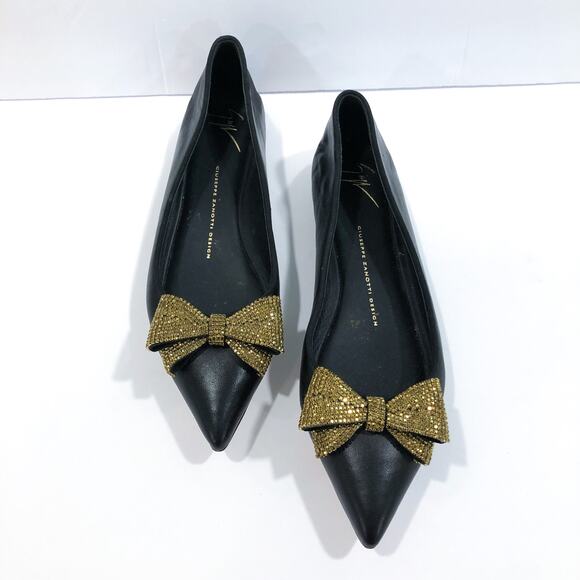 Giuseppe Zanotti Crystal Bow Black Leather Flats Pointed Toe - Picture 13 of 14